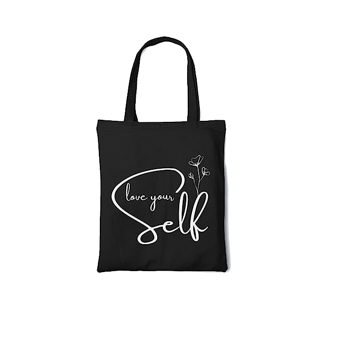 Rays Of Ink Women Black Quote Printed Canvas Tote Bag Reusable Aesth