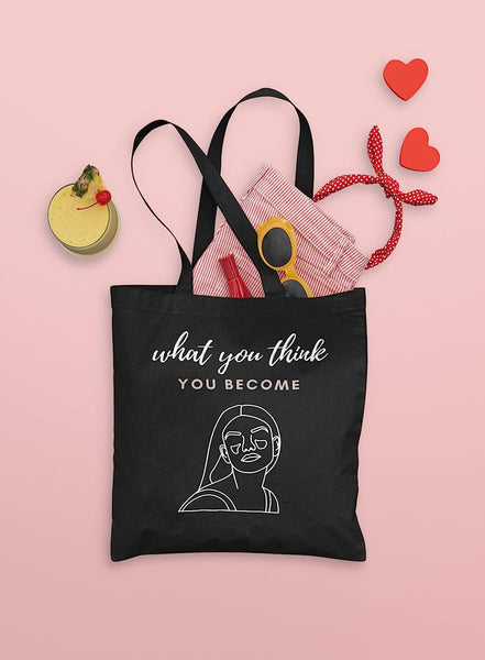 Rays Of Ink Women Black Quote Printed Canvas Tote Bag | Reusable Aesthetic Grocery Bags | Eco-Friendly Tote Bag for Work, Beach, Travel and Shopping Design 3