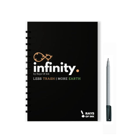 Rays Of Ink Infinity Re-writeable/Reusable Notebook - Eco Friendly Notebook with Fine Tip Marker & 2 Microfiber Cloth and A Pocket at Back | A4 Size (11.69" X 8.26") (0.6mm Tip Pen, Black)