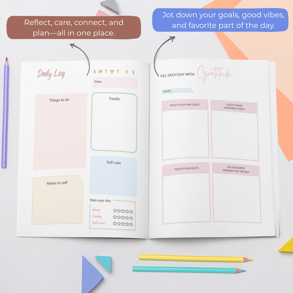 Rays Of Ink "Daily Reflections" Undated Planner; Gratitude Journal; Guided Journal; Habit Tracker, Budget Tracker & Mood Tracker for Wellness; Free Stickers and Bookmark; 4Months