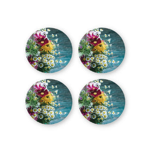 Rays Of Ink Printed Drink Coasters (Set of 4) | MDF Wood Material Coasters | Non-Slip Decorated Coasters for Home and Kitchen | Tea Coasters | Drink Coasters | (Round, Flower 1)