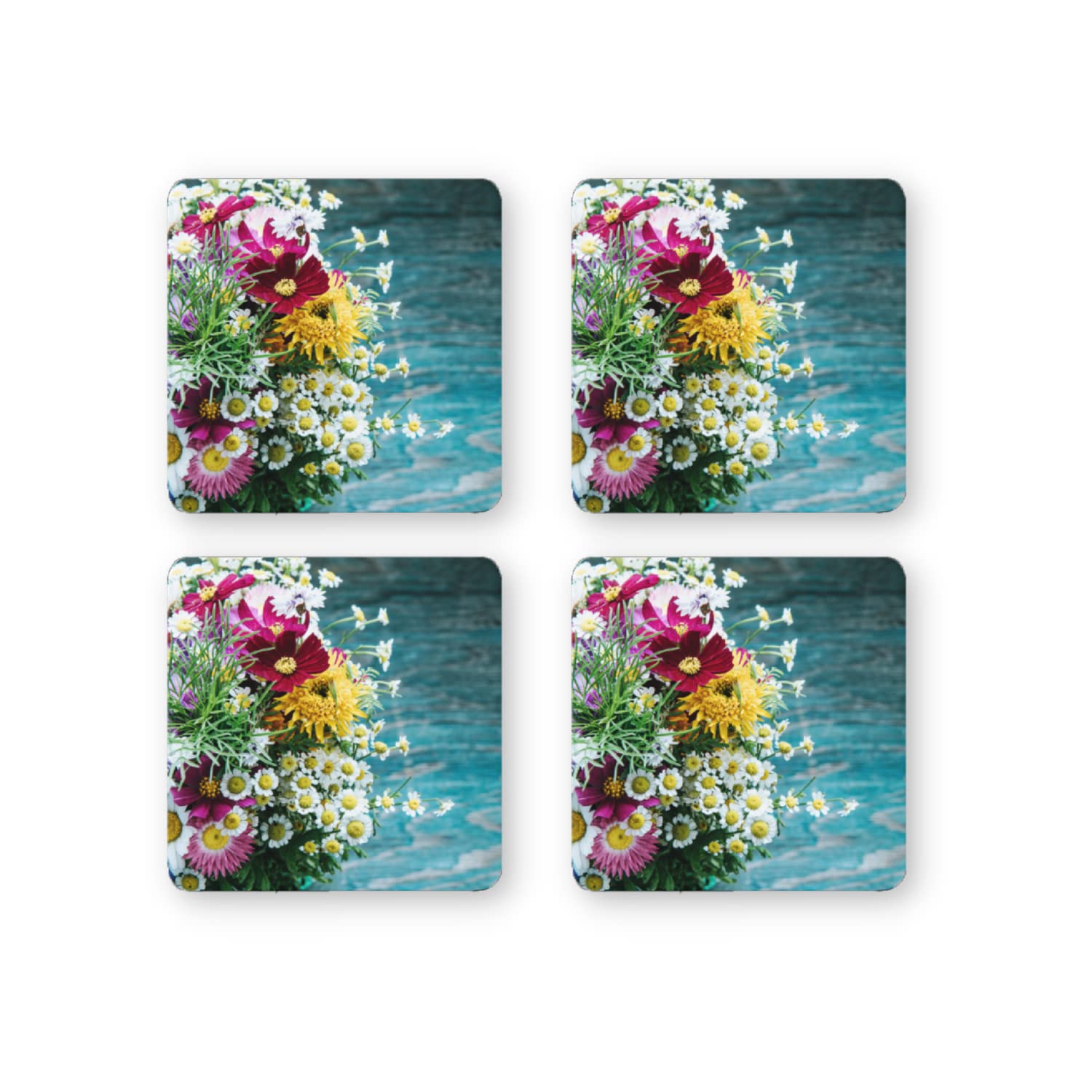 Rays Of Ink Printed Drink Coasters (Set of 4) | MDF Wood Material Coasters | Non-Slip Decorated Coasters for Home and Kitchen | Tea Coasters | Drink Coasters | (Square, Flower 1)