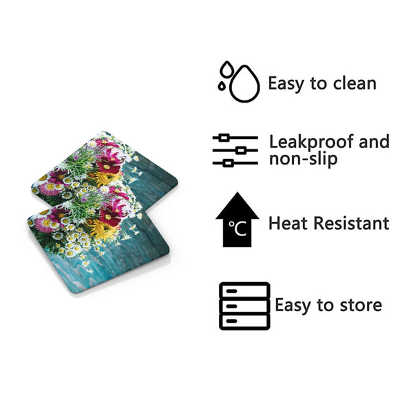 Rays Of Ink Printed Drink Coasters (Set of 4) | MDF Wood Material Coasters | Non-Slip Decorated Coasters for Home and Kitchen | Tea Coasters | Drink Coasters | (Square, Flower 1)