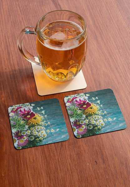 Rays Of Ink Printed Drink Coasters (Set of 4) | MDF Wood Material Coasters | Non-Slip Decorated Coasters for Home and Kitchen | Tea Coasters | Drink Coasters | (Square, Flower 1)