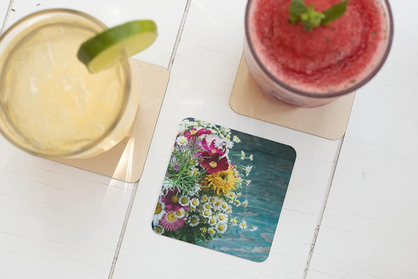 Rays Of Ink Printed Drink Coasters (Set of 4) | MDF Wood Material Coasters | Non-Slip Decorated Coasters for Home and Kitchen | Tea Coasters | Drink Coasters | (Square, Flower 1)