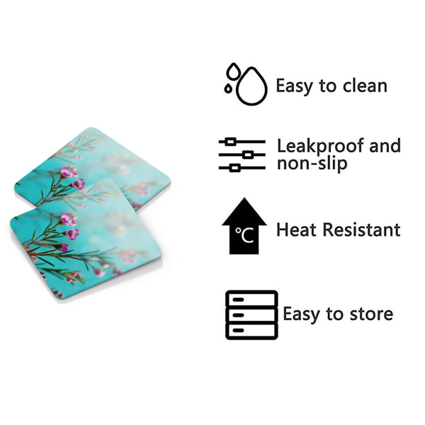 Rays Of Ink Printed Drink Coasters (Set of 4) | MDF Wood Material Coasters | Non-Slip Decorated Coasters for Home and Kitchen | Tea Coasters | Drink Coasters | (Square, Flower 2)