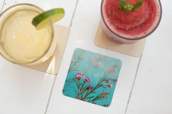 Rays Of Ink Printed Drink Coasters (Set of 4) | MDF Wood Material Coasters | Non-Slip Decorated Coasters for Home and Kitchen | Tea Coasters | Drink Coasters | (Square, Flower 2)