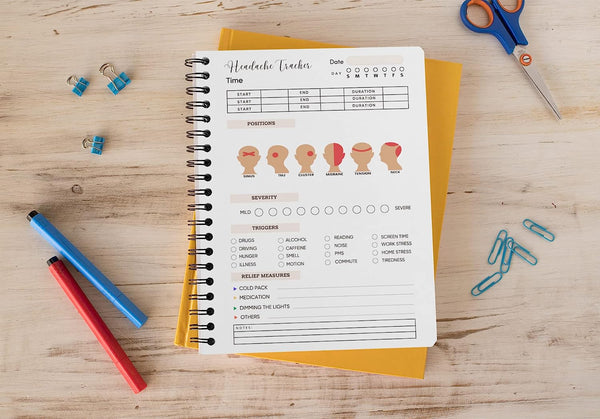Rays Of Ink A5 Size Headache Tracker with Self Care Affirmations | Organize, Analyze Your Headache Challenges | Perfect For Men and Women, Teens and Adults | (50 Trackers, Wirebound)