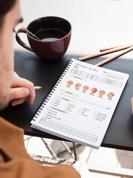 Rays Of Ink A5 Size Headache Tracker with Self Care Affirmations | Organize, Analyze Your Headache Challenges | Perfect For Men and Women, Teens and Adults | (50 Trackers, Wirebound)