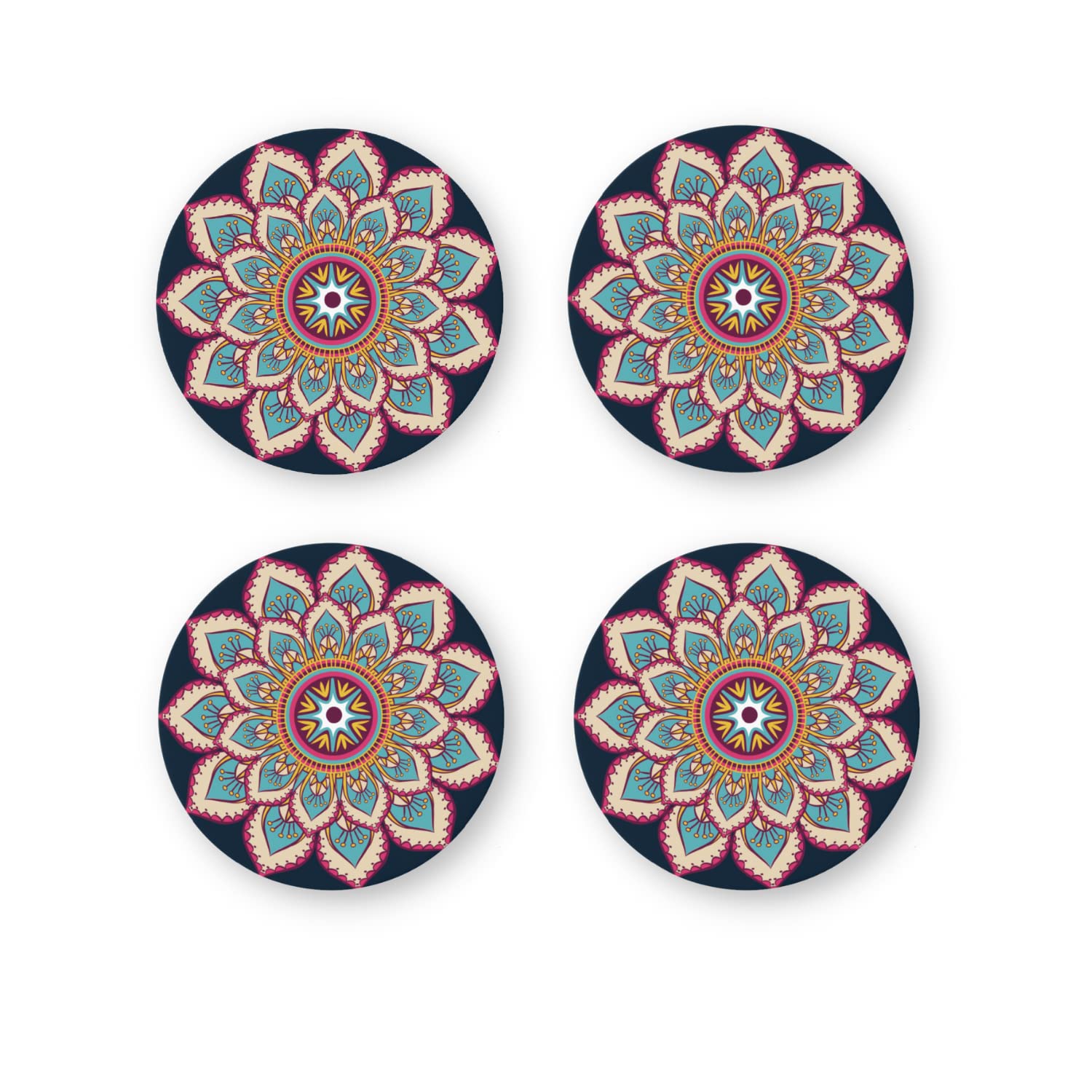 Rays Of Ink Printed Drink Coasters (Set of 4) | MDF Wood Material Coasters | Non-Slip Decorated Coasters for Home and Kitchen | Tea Coasters | Drink Coasters | (Round, Mandala 1)