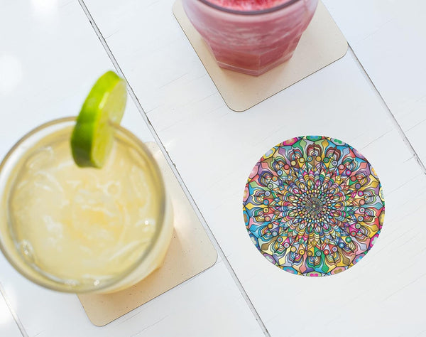 Rays Of Ink Printed Drink Coasters (Set of 4) | MDF Wood Material Coasters | Non-Slip Decorated Coasters for Home and Kitchen | Tea Coasters | Drink Coasters | (Round, Mandala 2)