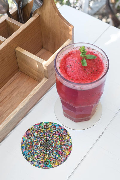 Rays Of Ink Printed Drink Coasters (Set of 4) | MDF Wood Material Coasters | Non-Slip Decorated Coasters for Home and Kitchen | Tea Coasters | Drink Coasters | (Round, Mandala 2)