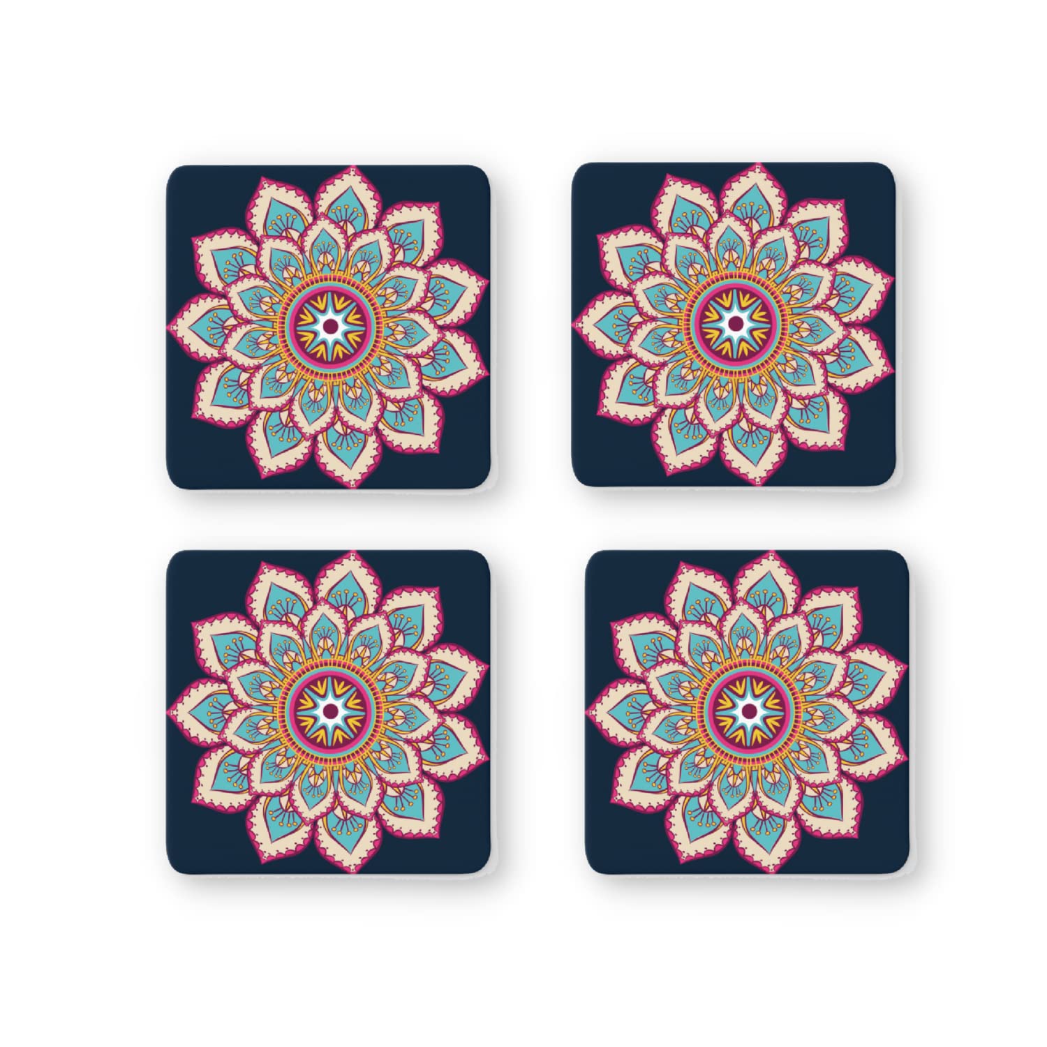 Rays Of Ink Printed Drink Coasters (Set of 4) | MDF Wood Material Coasters | Non-Slip Decorated Coasters for Home and Kitchen | Tea Coasters | Drink Coasters | (Square, Mandala 1)