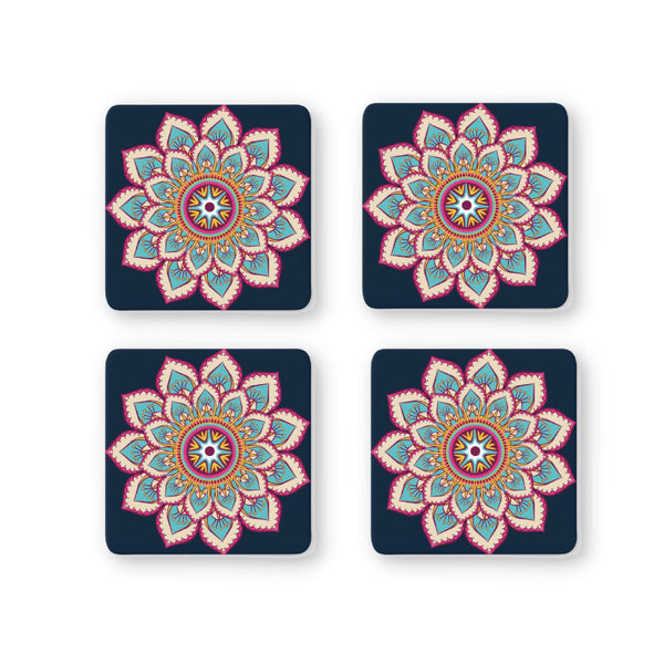 Rays Of Ink Printed Drink Coasters (Set of 4) | MDF Wood Material Coasters | Non-Slip Decorated Coasters for Home and Kitchen | Tea Coasters | Drink Coasters | (Square, Mandala 1)