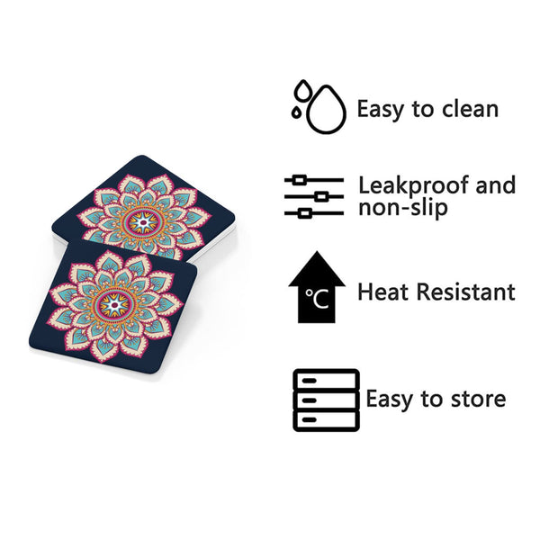 Rays Of Ink Printed Drink Coasters (Set of 4) | MDF Wood Material Coasters | Non-Slip Decorated Coasters for Home and Kitchen | Tea Coasters | Drink Coasters | (Square, Mandala 1)