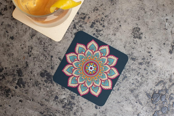 Rays Of Ink Printed Drink Coasters (Set of 4) | MDF Wood Material Coasters | Non-Slip Decorated Coasters for Home and Kitchen | Tea Coasters | Drink Coasters | (Square, Mandala 1)
