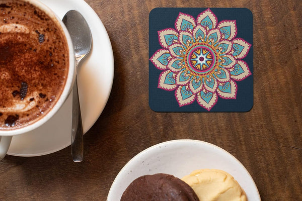 Rays Of Ink Printed Drink Coasters (Set of 4) | MDF Wood Material Coasters | Non-Slip Decorated Coasters for Home and Kitchen | Tea Coasters | Drink Coasters | (Square, Mandala 1)
