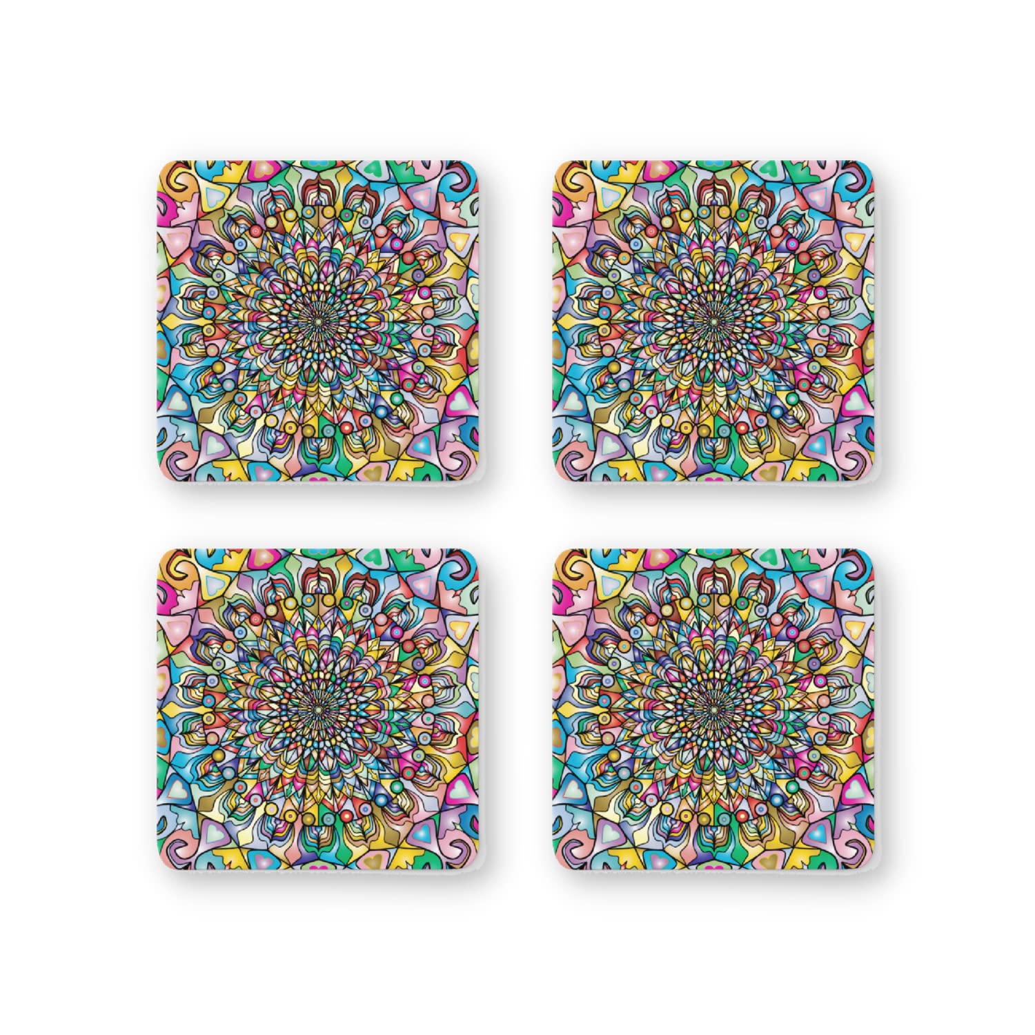 Rays Of Ink Printed Drink Coasters (Set of 4) | MDF Wood Material Coasters | Non-Slip Decorated Coasters for Home and Kitchen | Tea Coasters | Drink Coasters | (Square, Mandala 2)