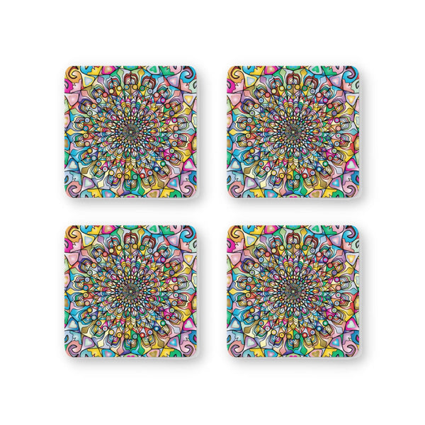 Rays Of Ink Printed Drink Coasters (Set of 4) | MDF Wood Material Coasters | Non-Slip Decorated Coasters for Home and Kitchen | Tea Coasters | Drink Coasters | (Square, Mandala 2)