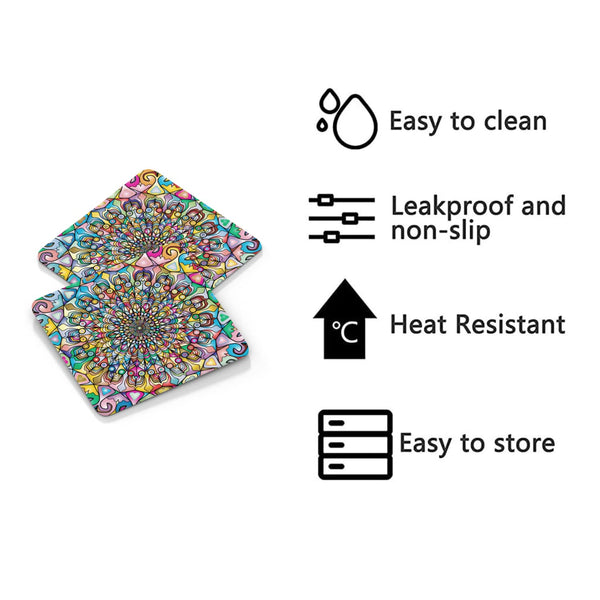 Rays Of Ink Printed Drink Coasters (Set of 4) | MDF Wood Material Coasters | Non-Slip Decorated Coasters for Home and Kitchen | Tea Coasters | Drink Coasters | (Square, Mandala 2)