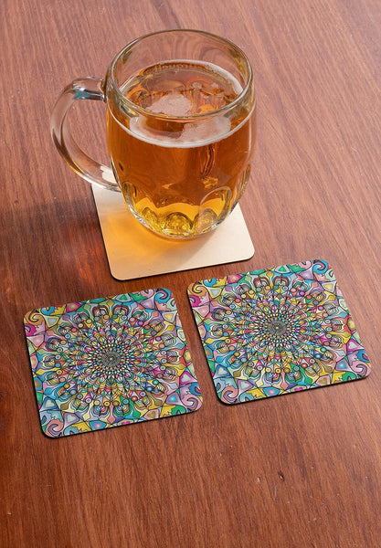 Rays Of Ink Printed Drink Coasters (Set of 4) | MDF Wood Material Coasters | Non-Slip Decorated Coasters for Home and Kitchen | Tea Coasters | Drink Coasters | (Square, Mandala 2)