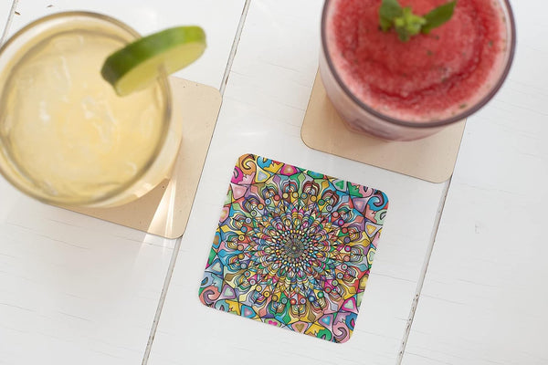 Rays Of Ink Printed Drink Coasters (Set of 4) | MDF Wood Material Coasters | Non-Slip Decorated Coasters for Home and Kitchen | Tea Coasters | Drink Coasters | (Square, Mandala 2)