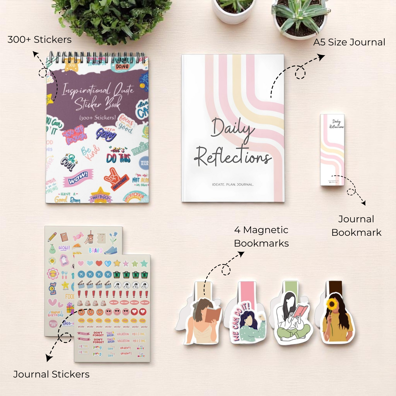 Rays Of Ink Journaling Combo – Daily Reflections Planner + Inspirational Quote Sticker Book (300+ Stickers) + 4 Magnetic Bookmarks and Cute Freebies