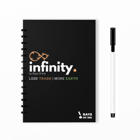 Infinity Re-writeable/Reusable Notebook - Eco Friendly Notebook with 1 Ultra Fine Tip Marker & 1 Microfiber Cloth Included | A5 Size (8.3" X 5.8" , Black Cover)