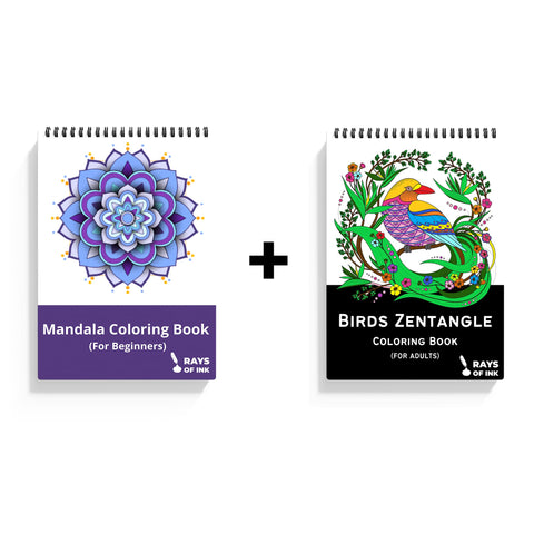 Coloring Book Combo For Young and Adults | Ideal For Stress Relieving & Meditation | Enhances Fine Motor Skills| 120 GSM Thick Paper | Set of 2 ( Birds Zentangle + Mandala Beginners)