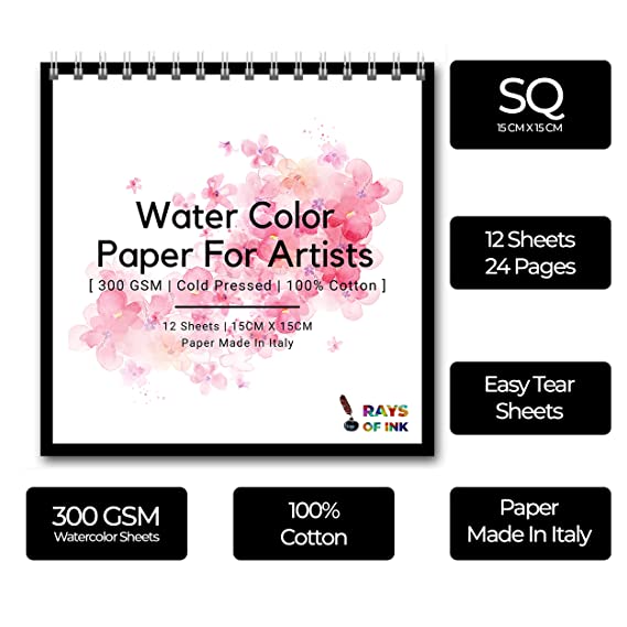 Square Sketchbook ( 300 GSM | Cold Pressed | 100% Cotton ) ( 12 Sheets ) Watercolor Paper Loose Sheets | Sketch Book for Painting Drawing and Sketching (SQ (15X15) + Bookmark)